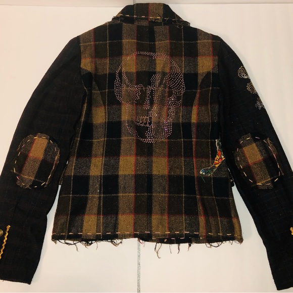 Raw7 Lorelai Gilmore Plaid Skull Rhinestone Wool Tweed Patchwork Blazer Jacket - Picture 3 of 15
